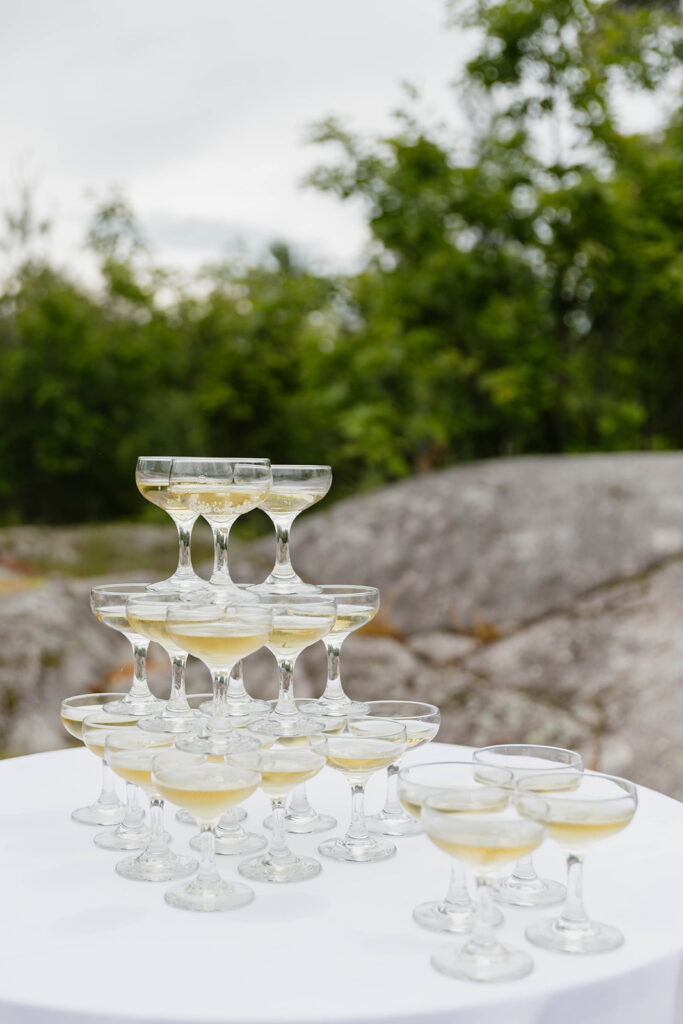 Champagne tower during cocktail hour at Le Belvedere in Wakefield, QC. 