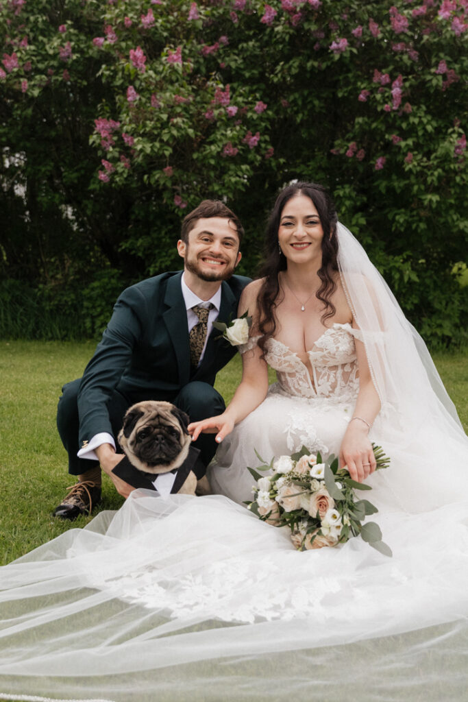 Bride & groom with beloved dog at the Herb Garden in Almonte, ON. 