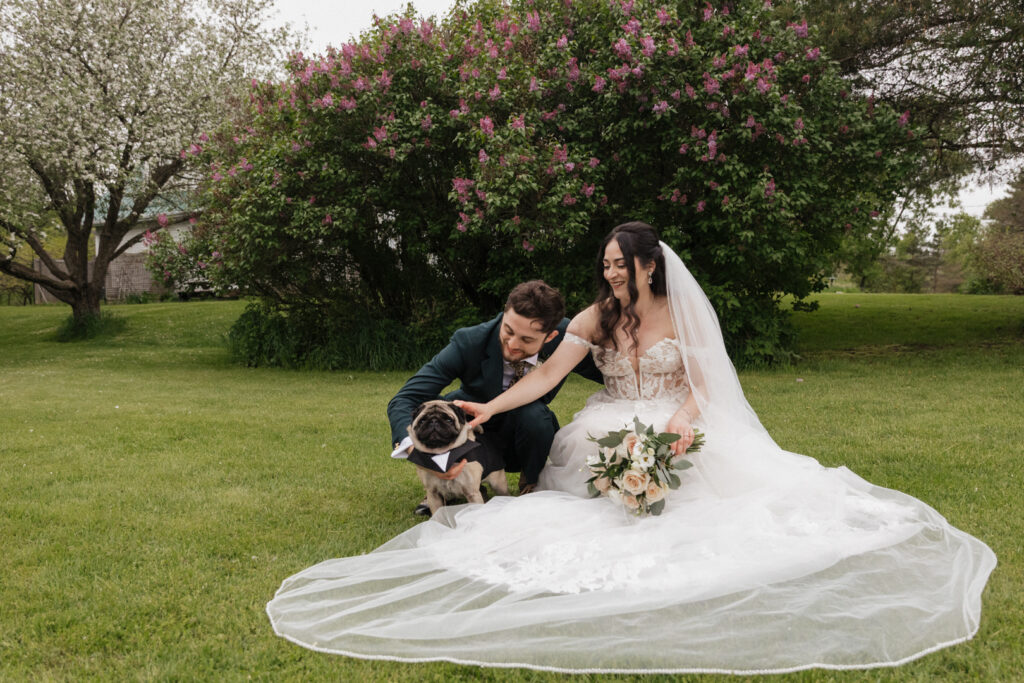 Bride & groom with beloved dog at the Herb Garden in Almonte, ON. 